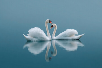 Fototapeta premium Serene Symphony: A Pair of Swans Gracefully Mirroring on a Calm Lake