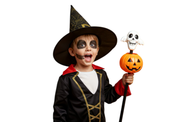 Halloween boy in witch costume holding pumpkin stick isolated on transparent background