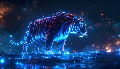 Futuristic neon tiger with glowing stripes, cosmic fantasy background, floating light spheres, high detail, cinematic HDR lighting.
