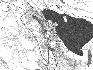 Naklejka premium Poster-ready monochrome city map of Ioannina, Greece, with detailed streets and rivers.