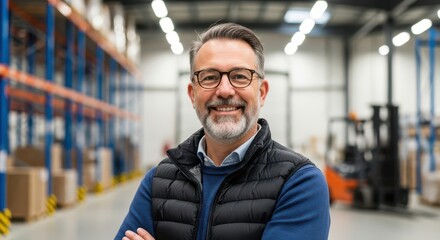 Mature Man Posing Confidently in a Warehouse Setting