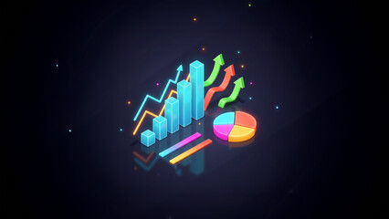 3D Colorful Illustration of Business Elements with Graph, Arrow, and Chart for Modern Corporate Design Background, Perfect for Finance, Marketing, Analytics, Growth, and Technology Concepts