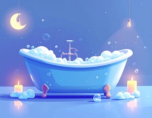 Blue bathtub filled with bubbles under a night sky