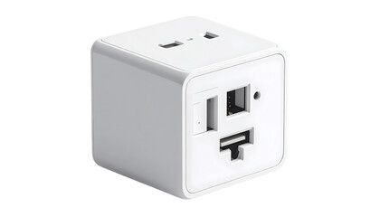 White cube-shaped travel adapter