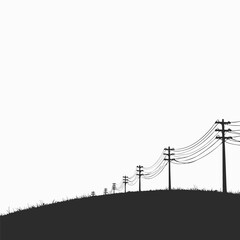 Silhouette of power lines on a grassy hill against white background