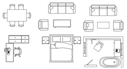 Top view vector drawings of home furniture sets including sofas, tables, beds, and bathtubs arranged in layouts.