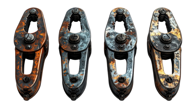 Four metal tools with distressed finishes - Powered by Adobe