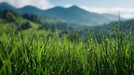 Obraz premium A close-up view of dew-covered grass blades with a backdrop of lush green mountains under a bright sky.