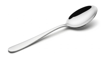 A single, shiny silver spoon rests diagonally on a white surface, casting a soft shadow.