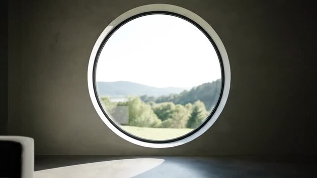 Serene view of rolling green hills through a modern circular window