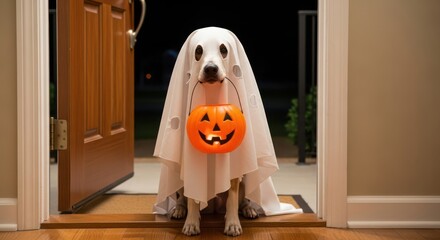 Cute Dog Dressed as a Ghost Holding a Pumpkin Candy Bucket on Halloween