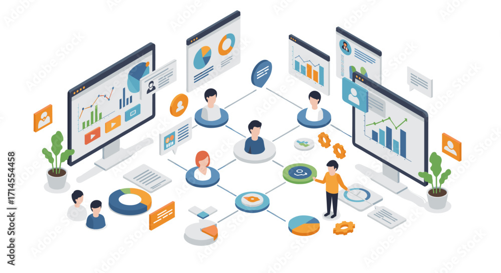 Poster team collaboration in digital workspace with data analysis and remote networking