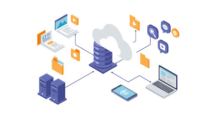 Fototapeta premium Cloud computing network isometric design with data storage and devices