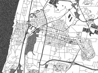 Black and white cartographic illustration of Hadera, Israel, in hand-drawn sketch form.