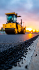 Asphalt road construction with a yellow roller machine at sunset. 
