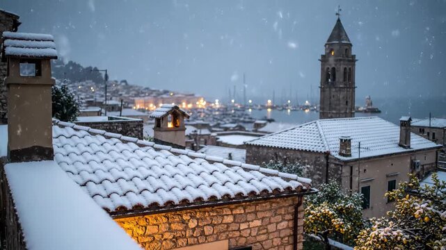 Snowfall in the Italian City of Muggia, Winter Wonderland in Northern Italy with Snow-Covered Roofs