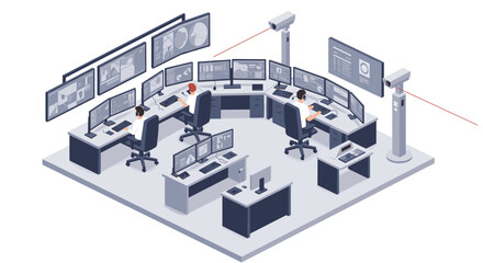 Isometric control room monitoring with security cameras and control panels
