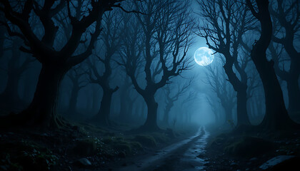 Mystical Forest Path Under a Glowing Moon A Journey into the Enchanted Woods at Night