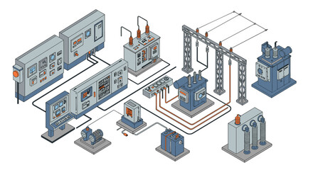 Isometric industrial control room with electrical equipment and panels