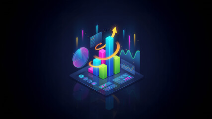 3D Sign Illustration of Business Elements with Graph, Arrow, and Chart for Modern Corporate Design Background, Perfect for Finance, Marketing, Analytics, Growth, and Technology Concepts