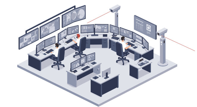 Isometric control room monitoring with security cameras and control panels