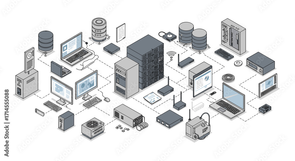 Poster isometric data center network with servers, computers, and cloud technology