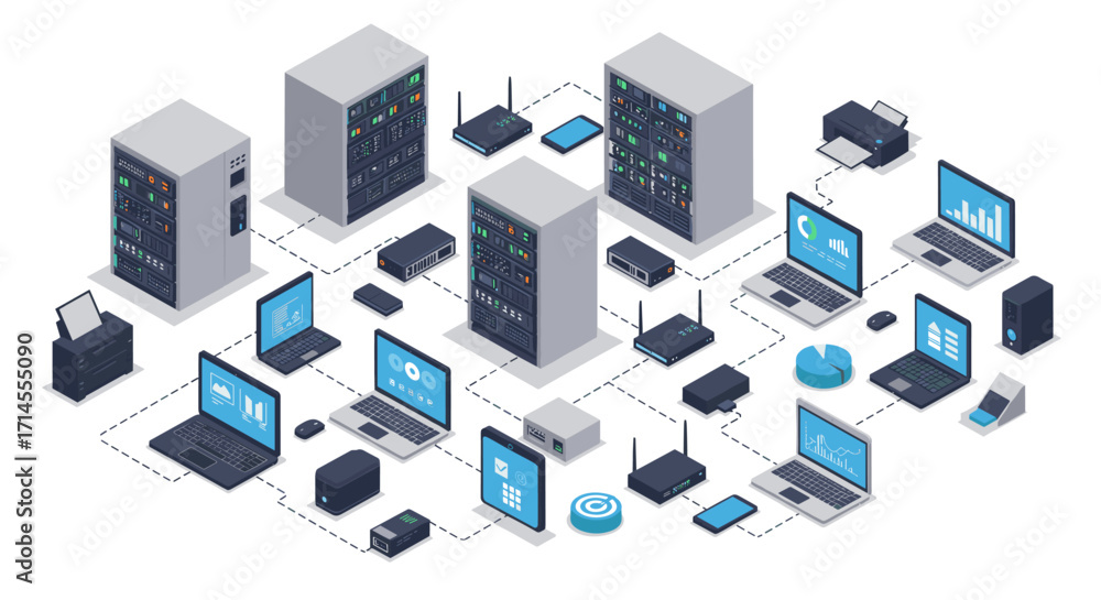 Poster isometric digital network infrastructure with servers and devices