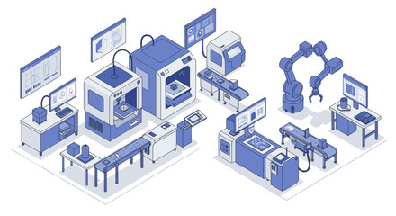 Modern isometric factory setup with automated machinery and robotic arm