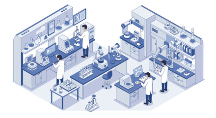Isometric laboratory interior with scientists conducting experiments and research
