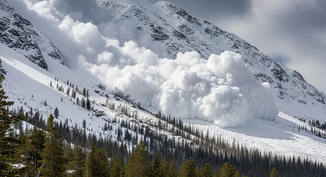 A massive avalanche thundering down a steep mountain slope.
An epic and dynamic photograph captures a large, fast-moving avalanche of snow and ice as it roars down the side of a snow-covered mountain
