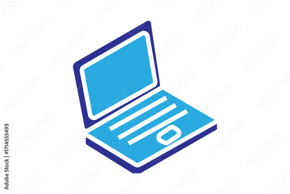 Poster this image shows a minimalist isometric illustration of a laptop. the laptop is open, displaying a b