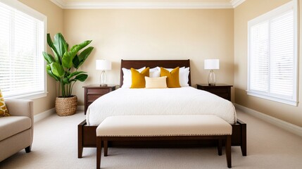 Elegant Bedroom Interior with Natural Light Serene Comfort and Modern Design Elements