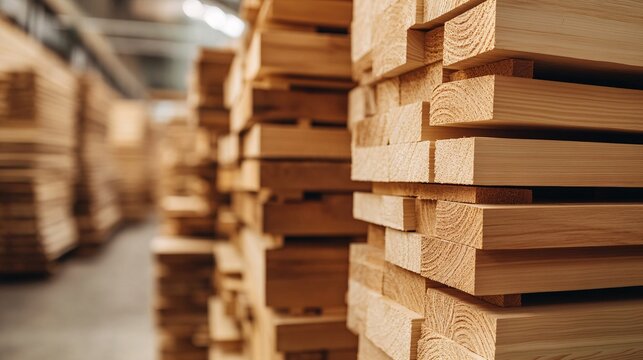 Stacked Lumber Close-Up of Wood Planks in a Warehouse for Carpentry and Building Projects
