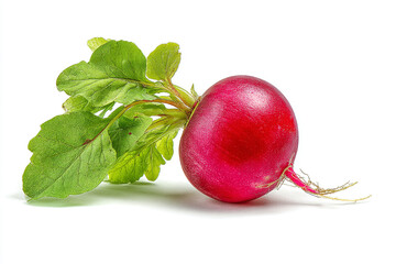 Fresh, vibrant radish with green leaves isolated on white, perfect for healthy eating, culinary projects, and food-related designs