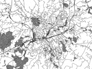 Stylized black and white urban map of Campobasso, Italy, hand-drawn for decor and creative use.