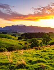 Lush green fields meet a vibrant sunset over mountains