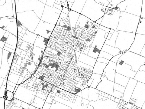 Illustrated city map of Carpi, Italy, in black and white, showing roads and textures.