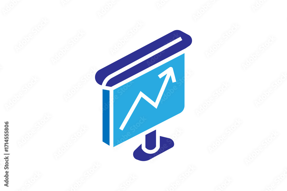 Poster this image shows a minimalist isometric illustration of a presentation screen with a growth chart.