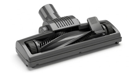 Close-up of a grey vacuum cleaner head, showing internal brush and nozzle details, isolated on white.