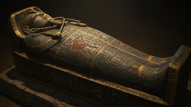 Ancient Egyptian Sarcophagus: A Glimpse into Historical Artistry and Burial Practices Depicted in Elaborate Hieroglyphs and Iconic Designs