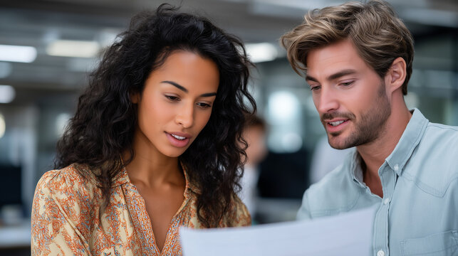 Hispanic woman and Caucasian man discussing documents at shared desk in open office, colleagues working in background, teamwork concept. SEO coworkers document discussion, diverse