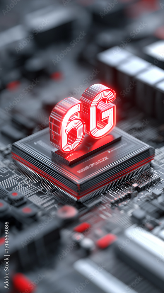 Poster close-up of futuristic 6g microchip glowing red on a digital circuit board.