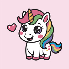 Cute Rainbow Unicorn Vector Illustration with Heart