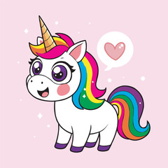 Cute Rainbow Unicorn Vector Illustration with Heart