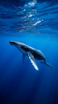 Majestic humpback whale swimming gracefully in deep blue ocean with sunlight rays. 
