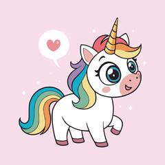 Cute Rainbow Unicorn Vector Illustration with Heart