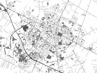 Black and white illustrated map of Latina, Italy, with streets, rivers, and neighborhoods.