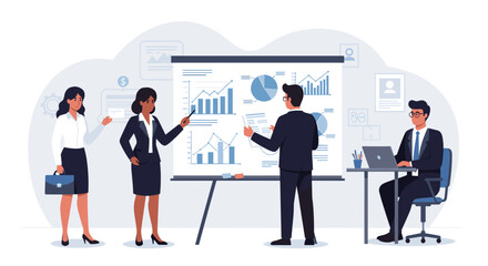Obraz premium Business team analyzing data on presentation board in office meeting