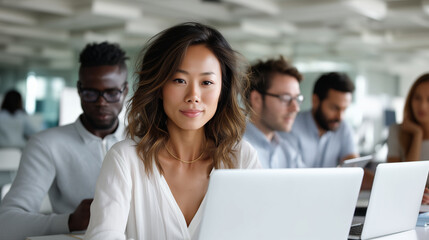 Fototapeta premium Professional men and women of various ethnic backgrounds, working side by side in bright open office, focused on laptops and tablets. professionals working together, diverse office