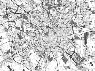 Detailed artistic sketch map of Milan Metropolis, Italy, in monochrome black and white.